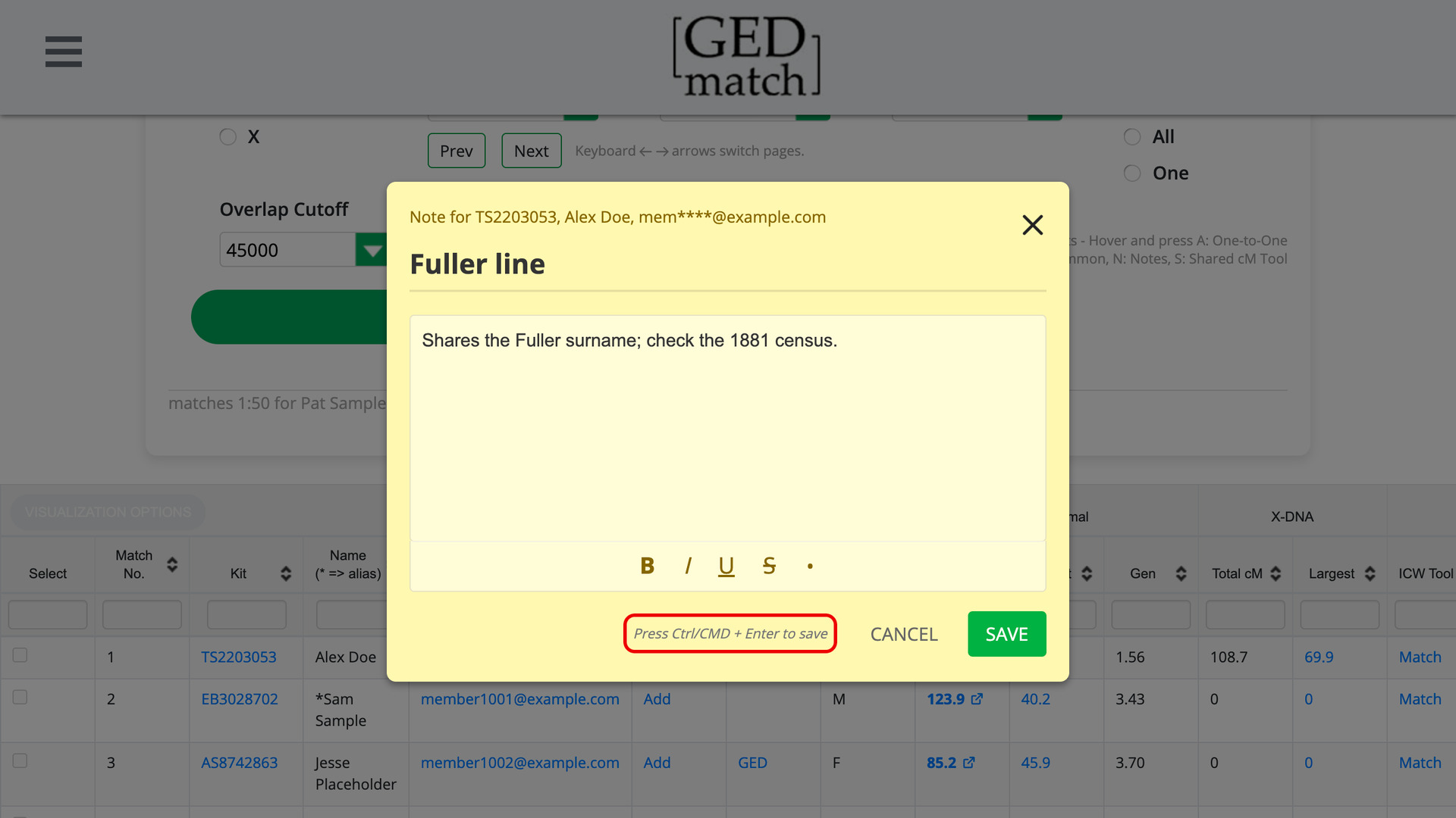 GEDmatch's note window over the One-to-Many results with a title and note typed, and Press Ctrl/CMD + Enter to save outlined in red at the left of Cancel and Save.