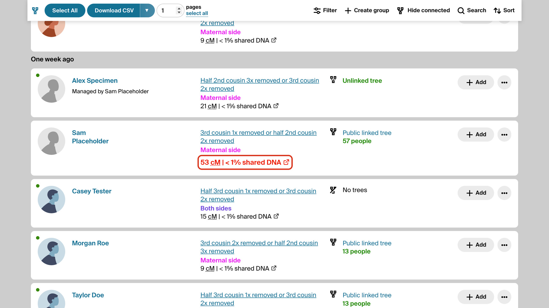 The AncestryDNA match list with one match's 53 cM shown in bold red and outlined, between matches whose smaller amounts stay black.