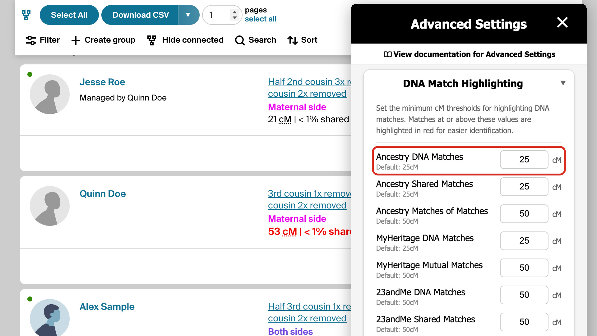 Advanced Settings open in the Genealogy Assistant pop-up over the AncestryDNA match list, with Ancestry DNA Matches set to 25 outlined in red.
