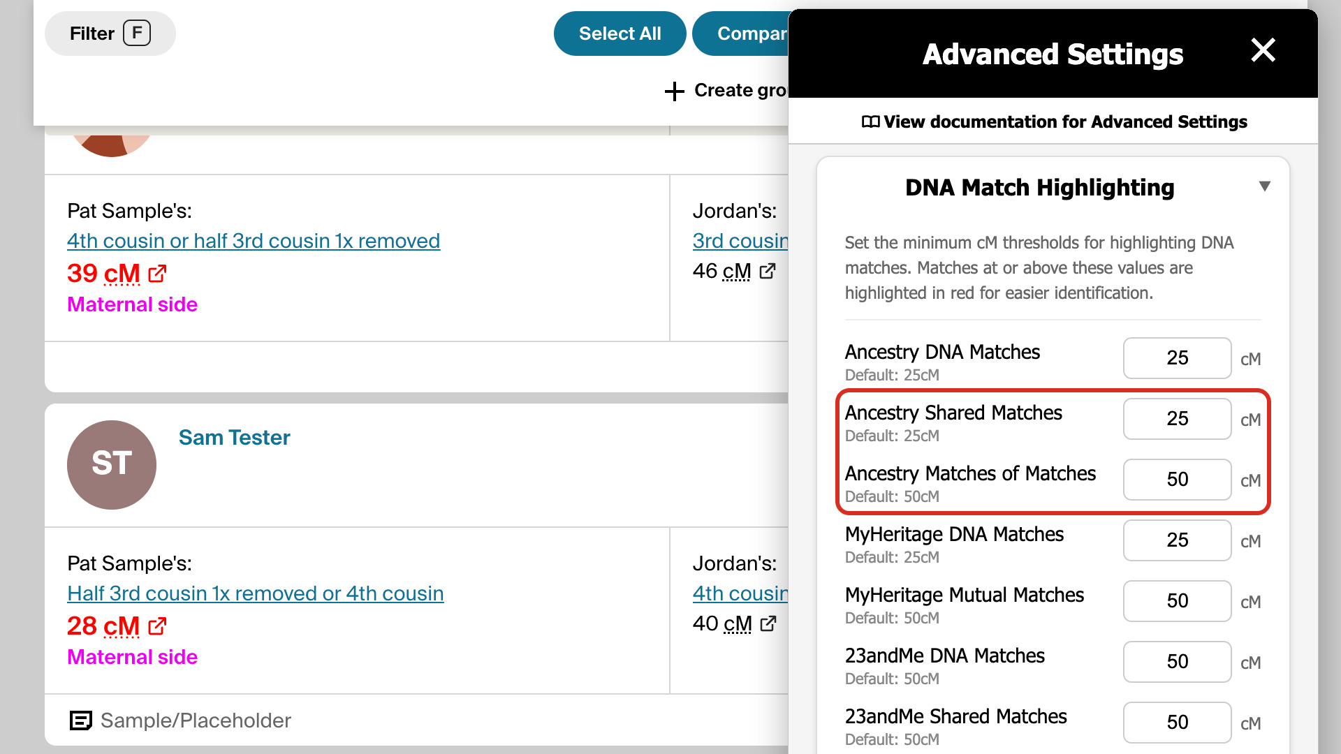 Advanced Settings over an Ancestry shared matches list, with Ancestry Shared Matches and Ancestry Matches of Matches outlined in red.