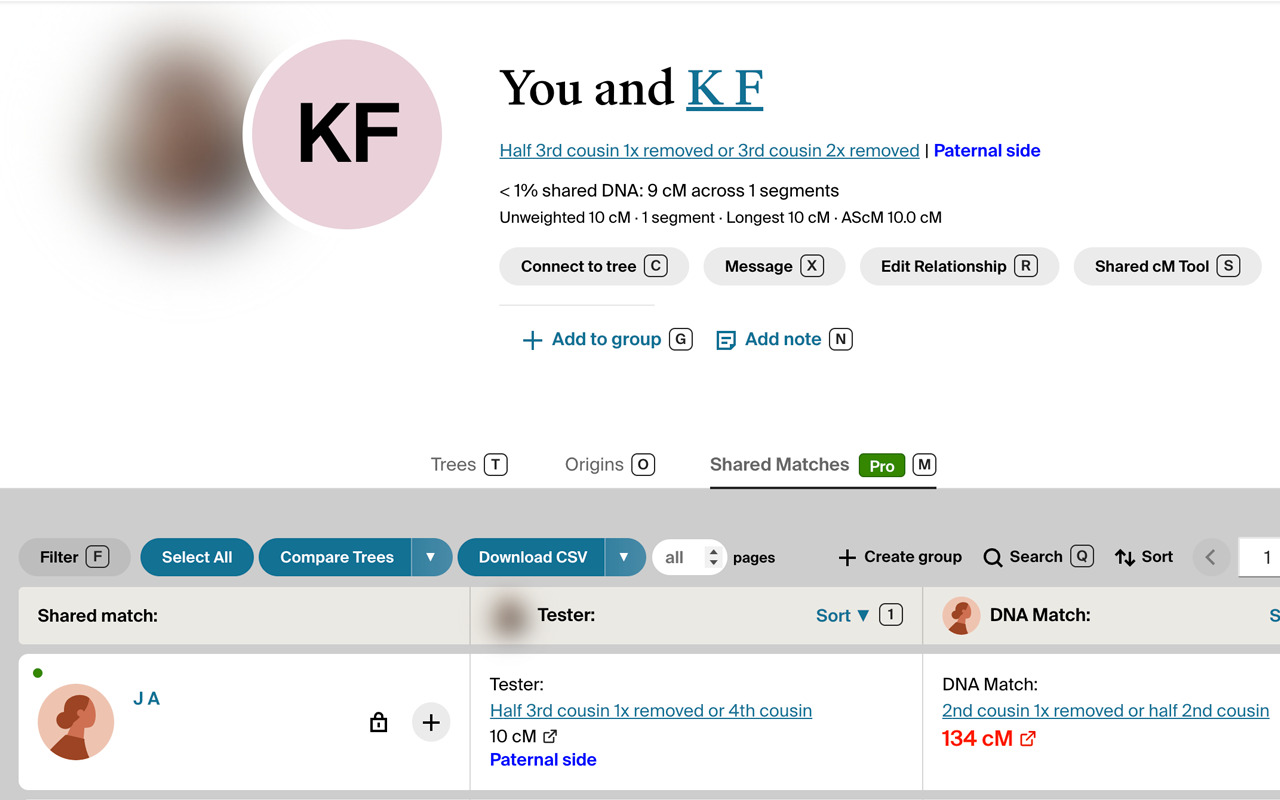 An AncestryDNA match page with the Blurring Tool on: the match and a shared match show as initials, K F and J A, and the tester’s photo is blurred