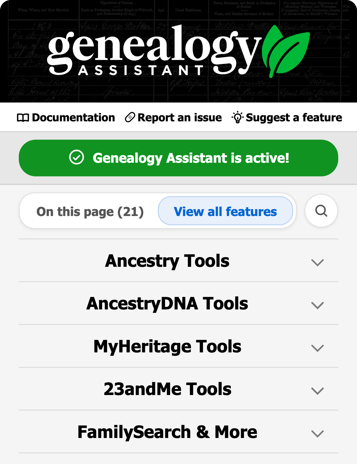 The Genealogy Assistant pop-up, listing its tools for Ancestry, AncestryDNA, MyHeritage, 23andMe and FamilySearch. See all features.
