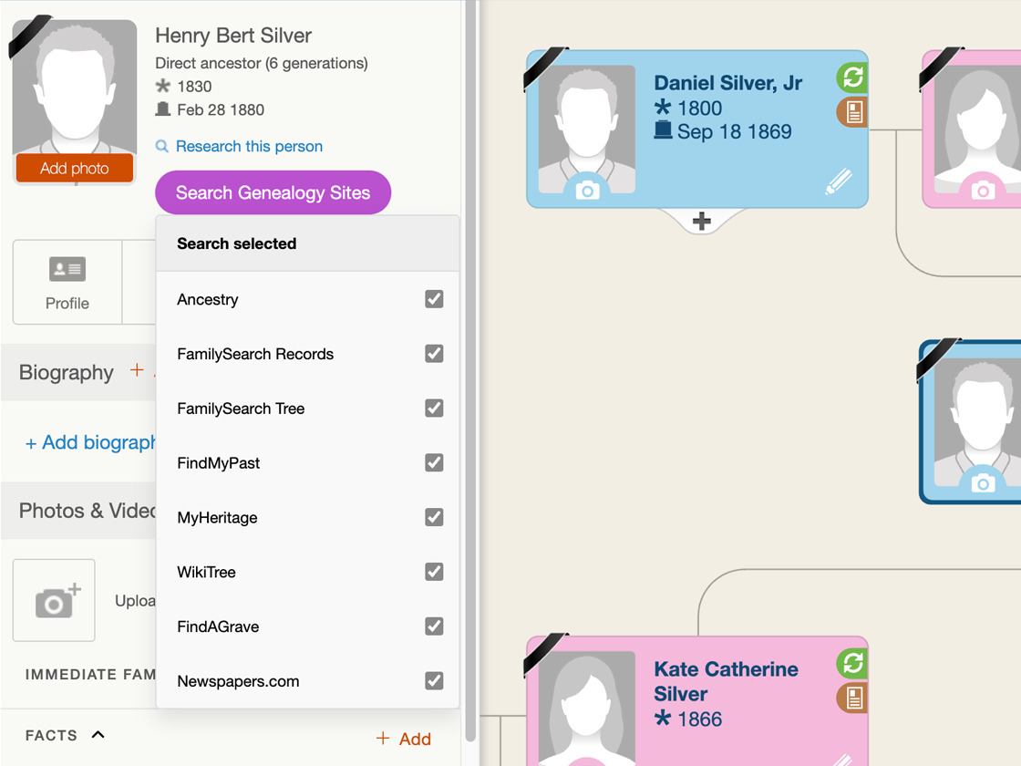 The Search Genealogy Sites menu open for Henry Bert Silver in a MyHeritage family tree, listing eight genealogy websites
