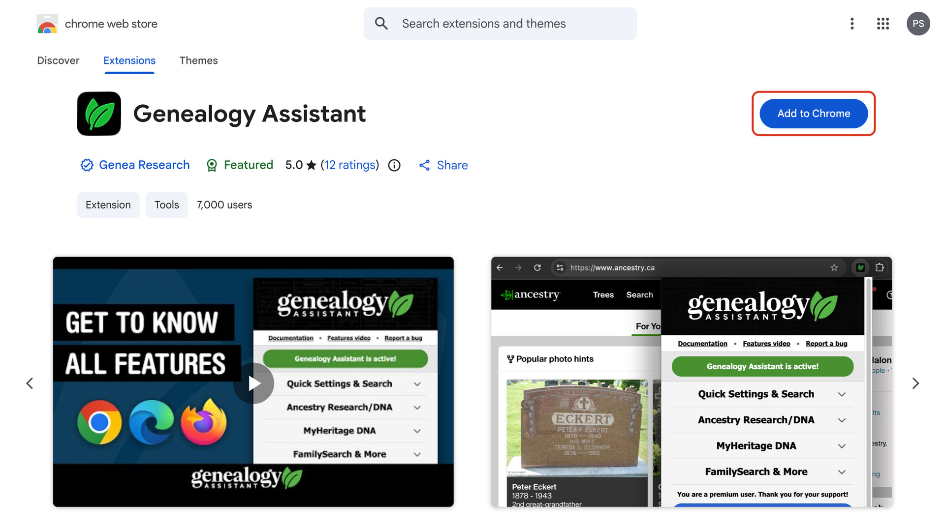 The Genealogy Assistant listing on the Chrome Web Store, with the Add to Chrome button outlined in red.