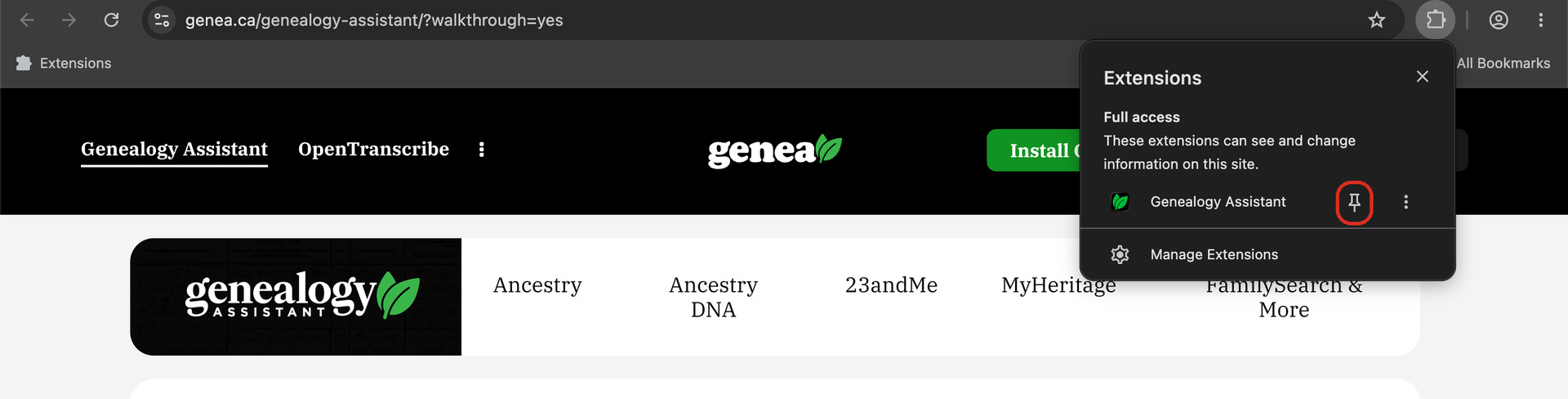 The Chrome toolbar with the Extensions menu open, listing Genealogy Assistant, with the pin beside it outlined in red.