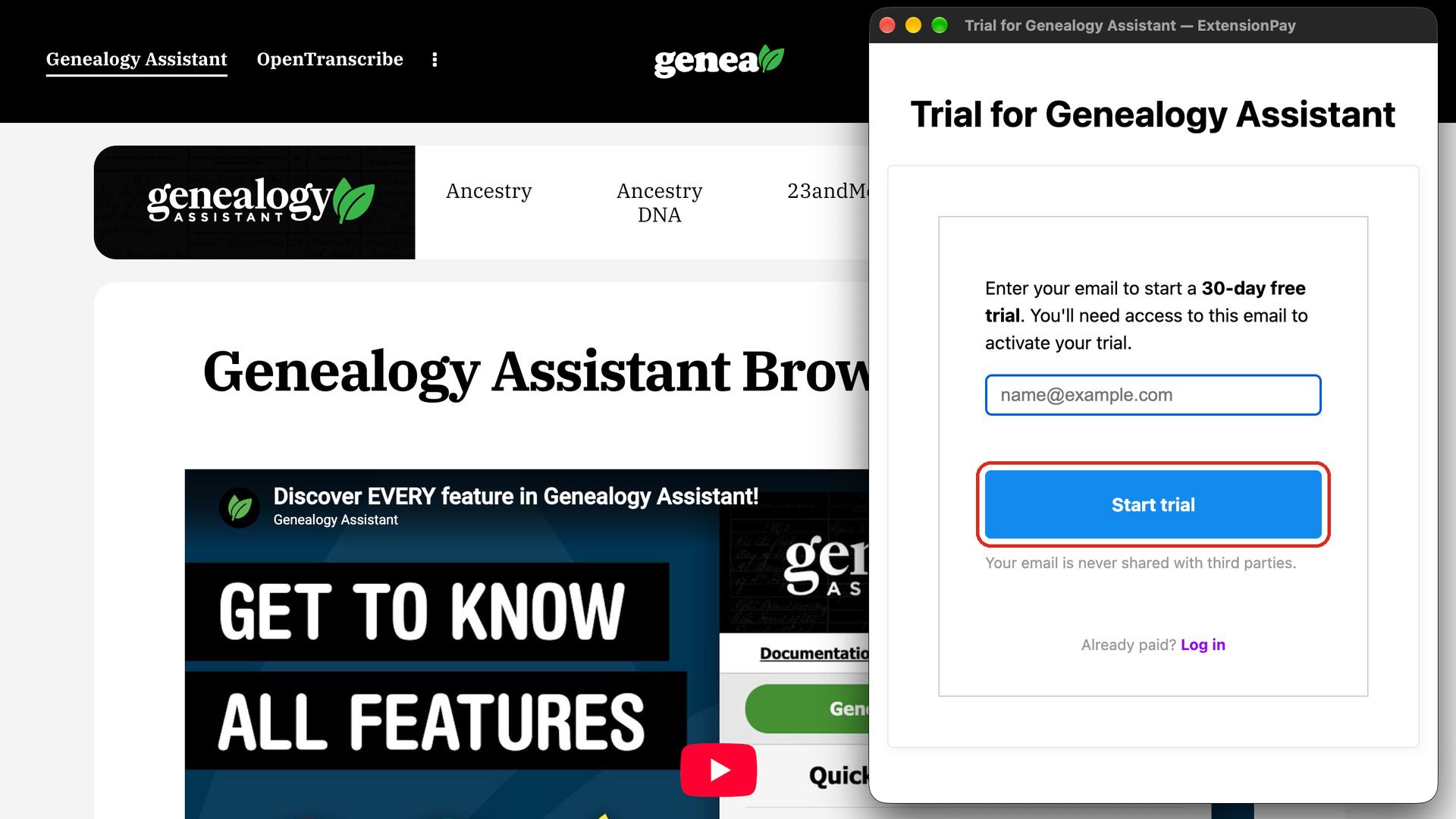 The ExtensionPay trial window over the genea.ca page, with an empty email box and the Start trial button outlined in red.