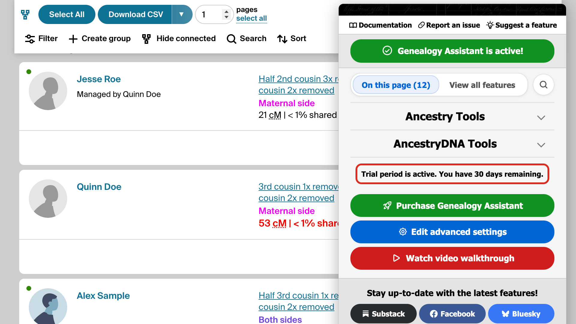 The Genealogy Assistant pop-up panel over the AncestryDNA match list, with the status line Trial period is active. You have 30 days remaining. outlined in red.