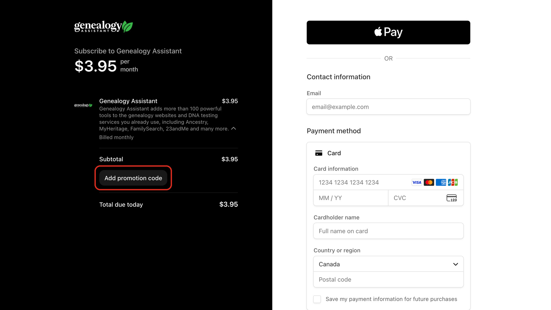The Stripe payment page for the monthly plan, with the Add promotion code button under Subtotal outlined in red.