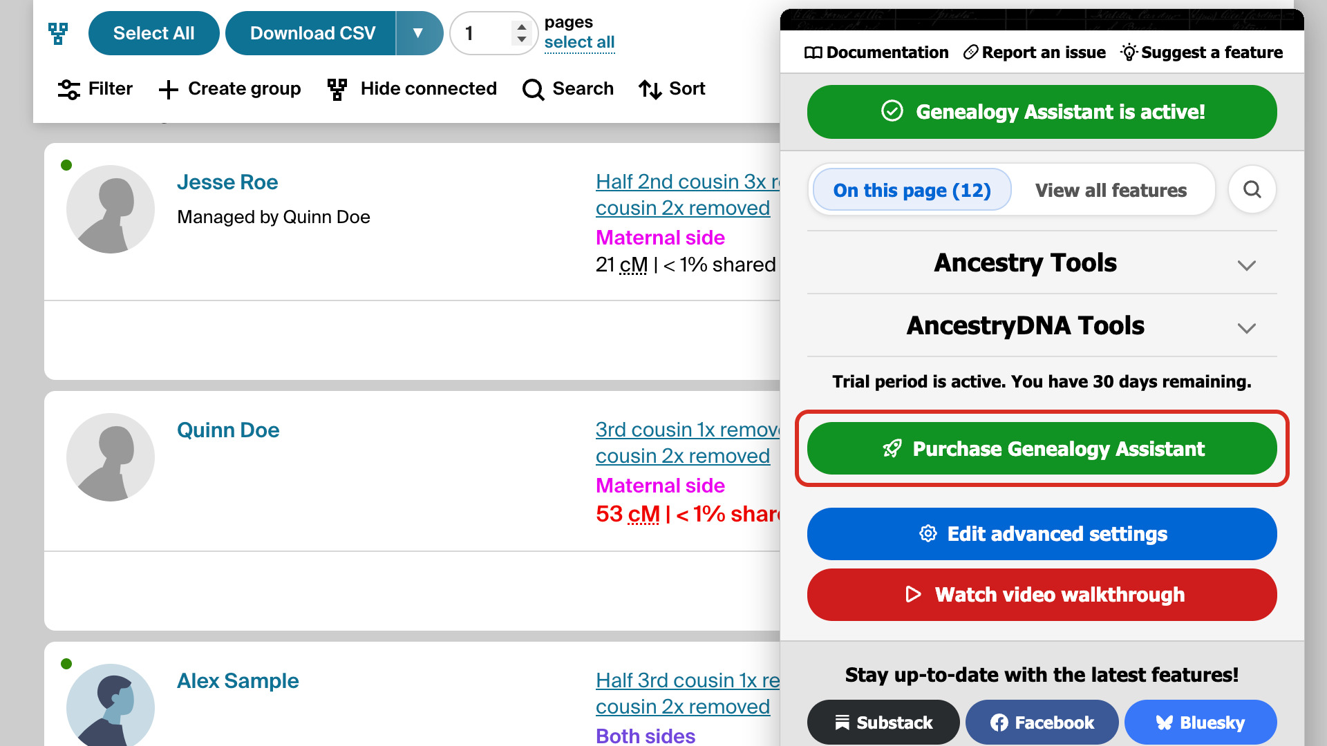 The Genealogy Assistant pop-up panel over the AncestryDNA match list during the trial, with the green Purchase Genealogy Assistant button outlined in red.