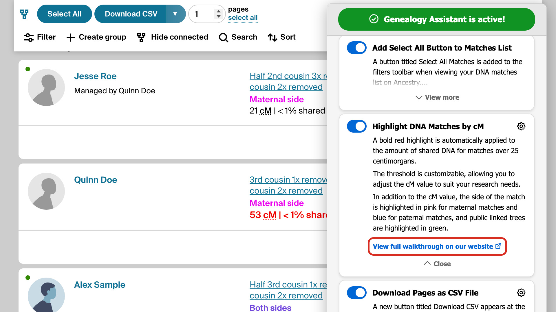 The Highlight DNA Matches by cM row opened with View more, over a match list, with View full walkthrough on our website outlined in red.