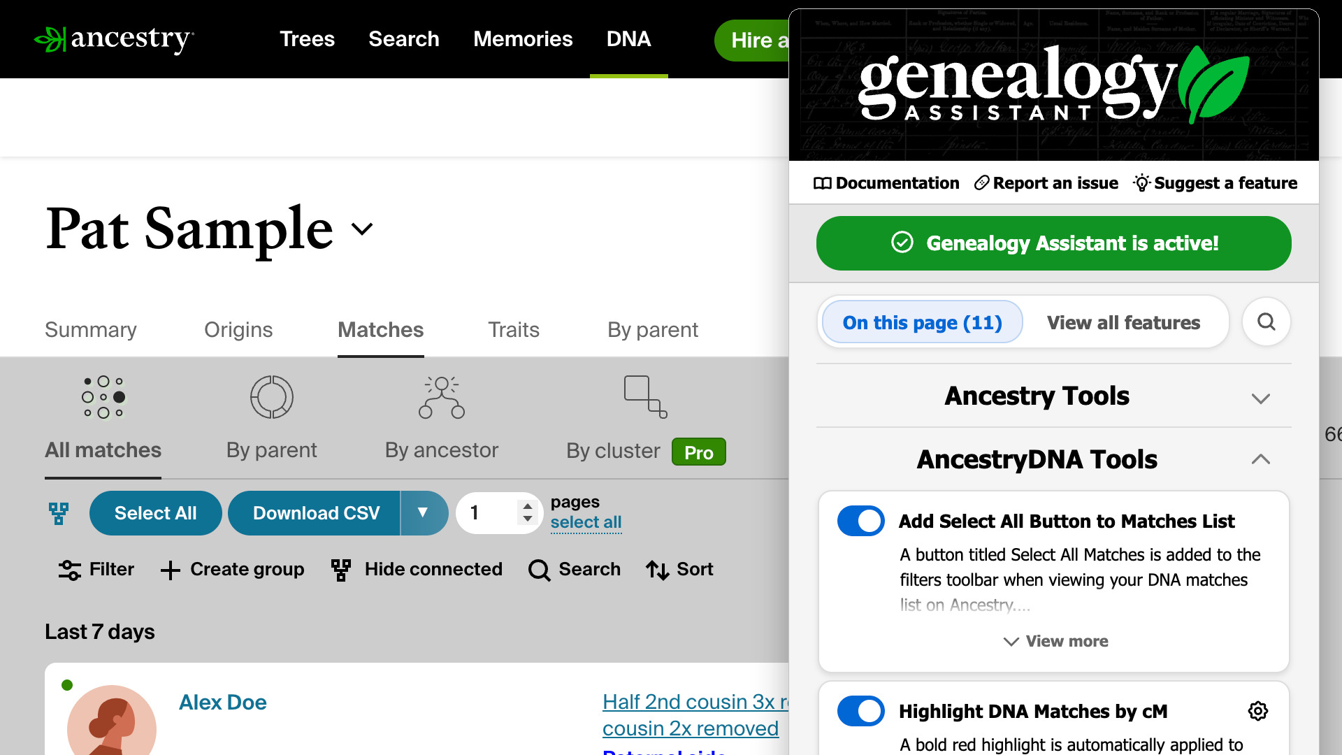 The Genealogy Assistant pop-up panel over an AncestryDNA match list, with On this page (11) selected and AncestryDNA Tools open.