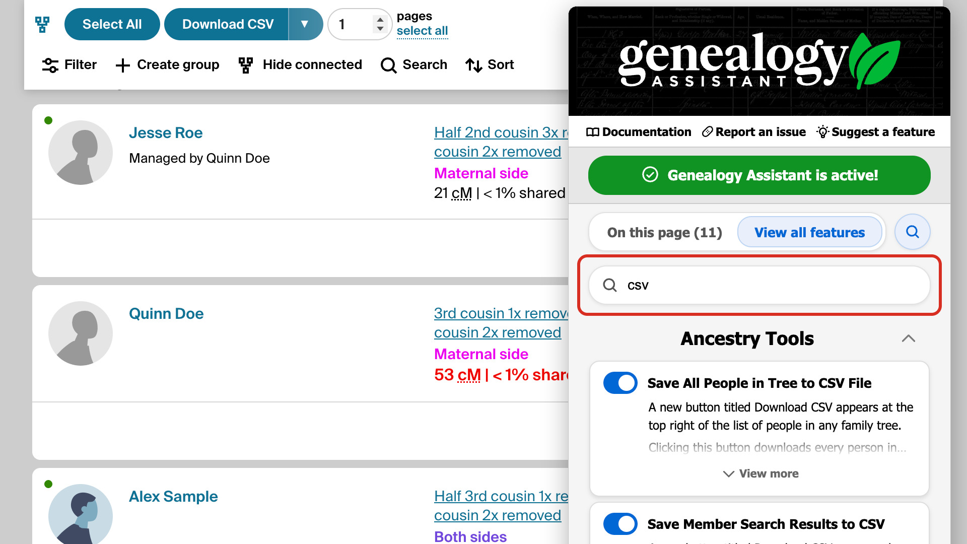 The pop-up panel over a match list with csv typed in the search box and the CSV features listed. The search box is outlined in red.