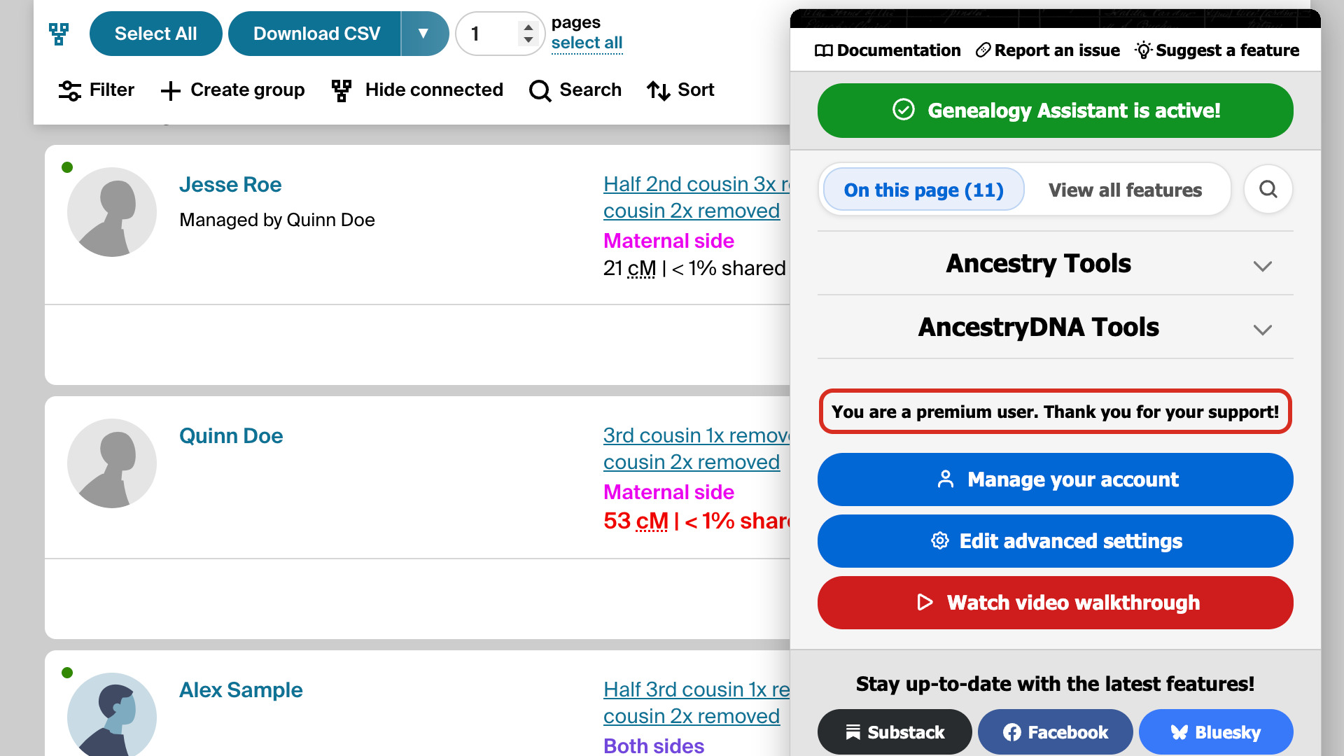 The bottom of the pop-up panel over an AncestryDNA match list, with You are a premium user outlined in red above Manage your account.