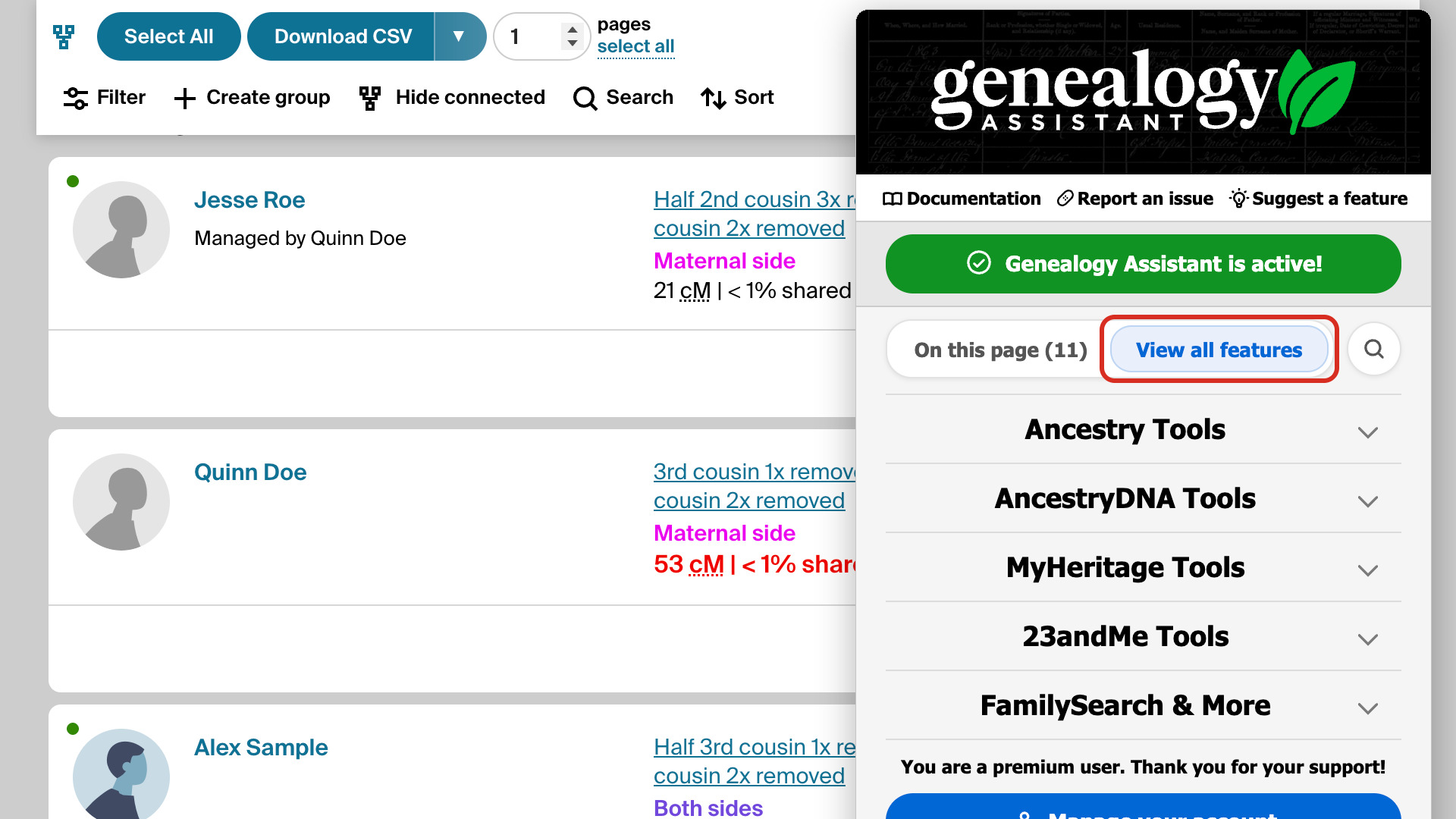 The pop-up panel over a match list with View all features selected and the five groups closed. View all features is outlined in red.