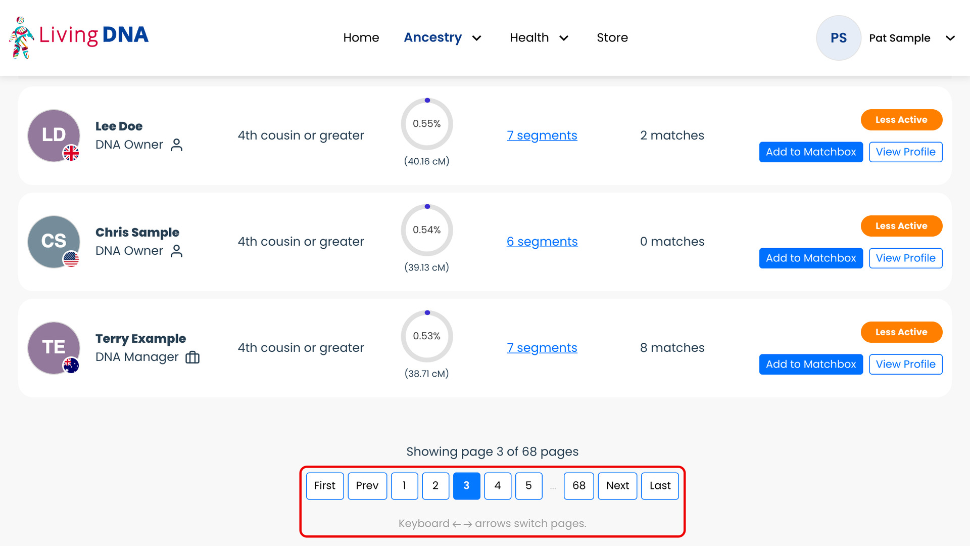 The bottom of the LivingDNA Relatives List on page 3 of 68, with the page buttons and the line Keyboard ← → arrows switch pages. under them outlined in red.