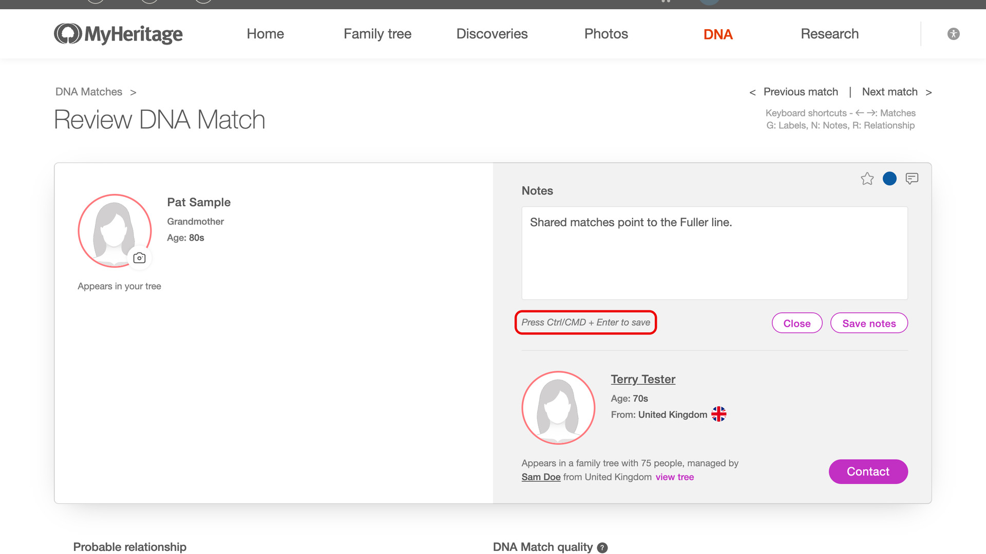 The notes box open in a match's card on MyHeritage's Review DNA Match page, with a note typed and the line Press Ctrl/CMD + Enter to save outlined in red beside the Close and Save notes buttons.