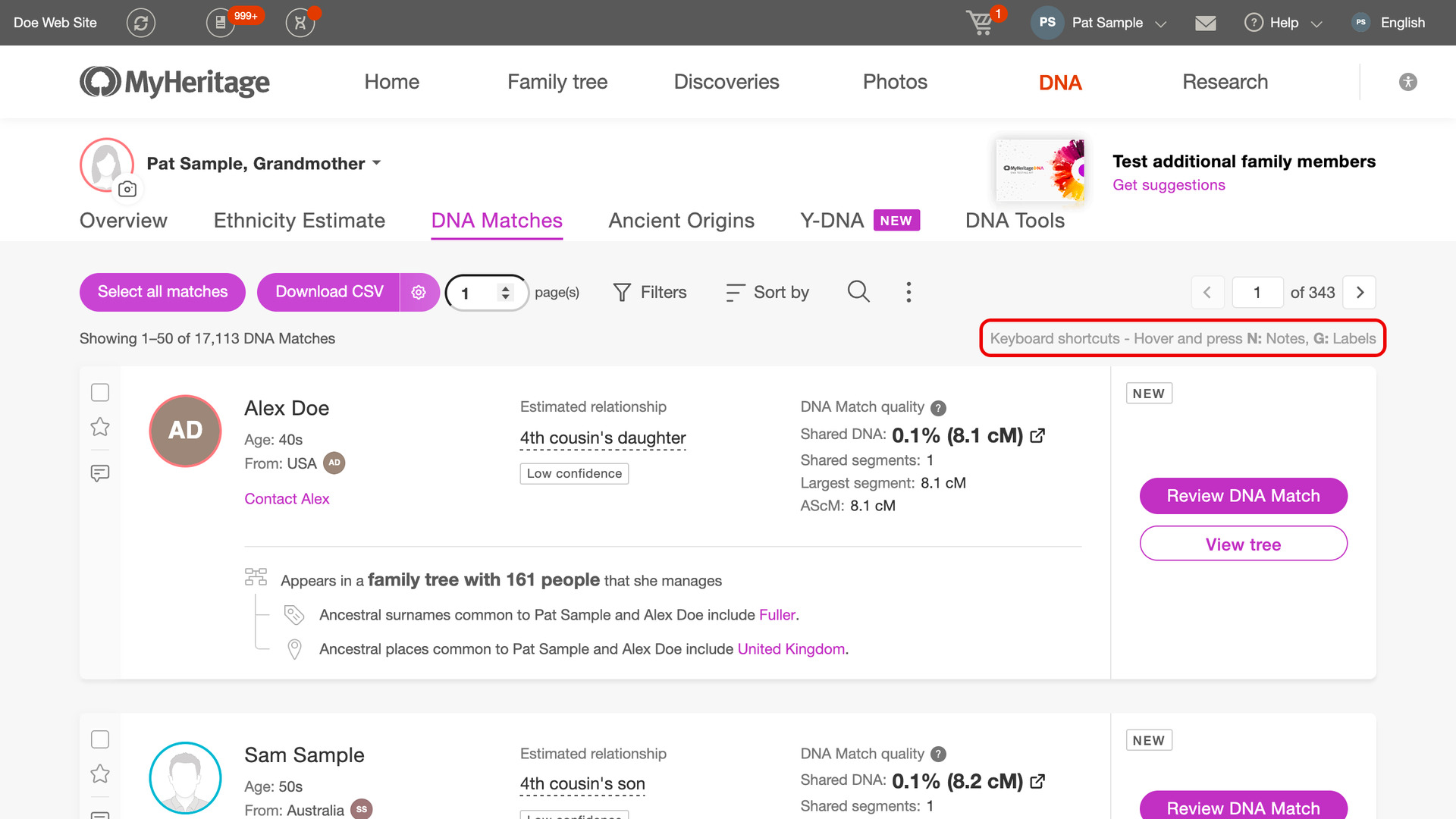 The top of a MyHeritage DNA matches list, with the line Keyboard shortcuts, Hover and press N: Notes, G: Labels outlined in red at the right of the count of matches.