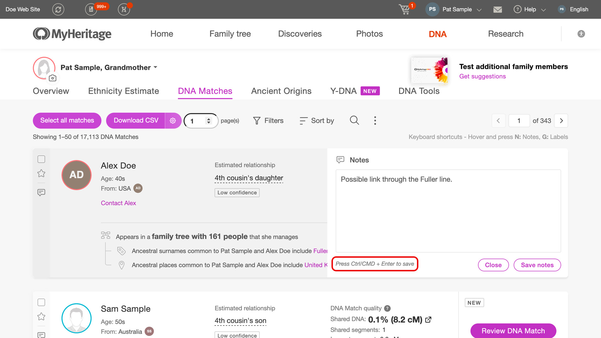 The notes box open in a match's card on the MyHeritage DNA matches list, with a note typed and the line Press Ctrl/CMD + Enter to save outlined in red beside the Close and Save notes buttons.