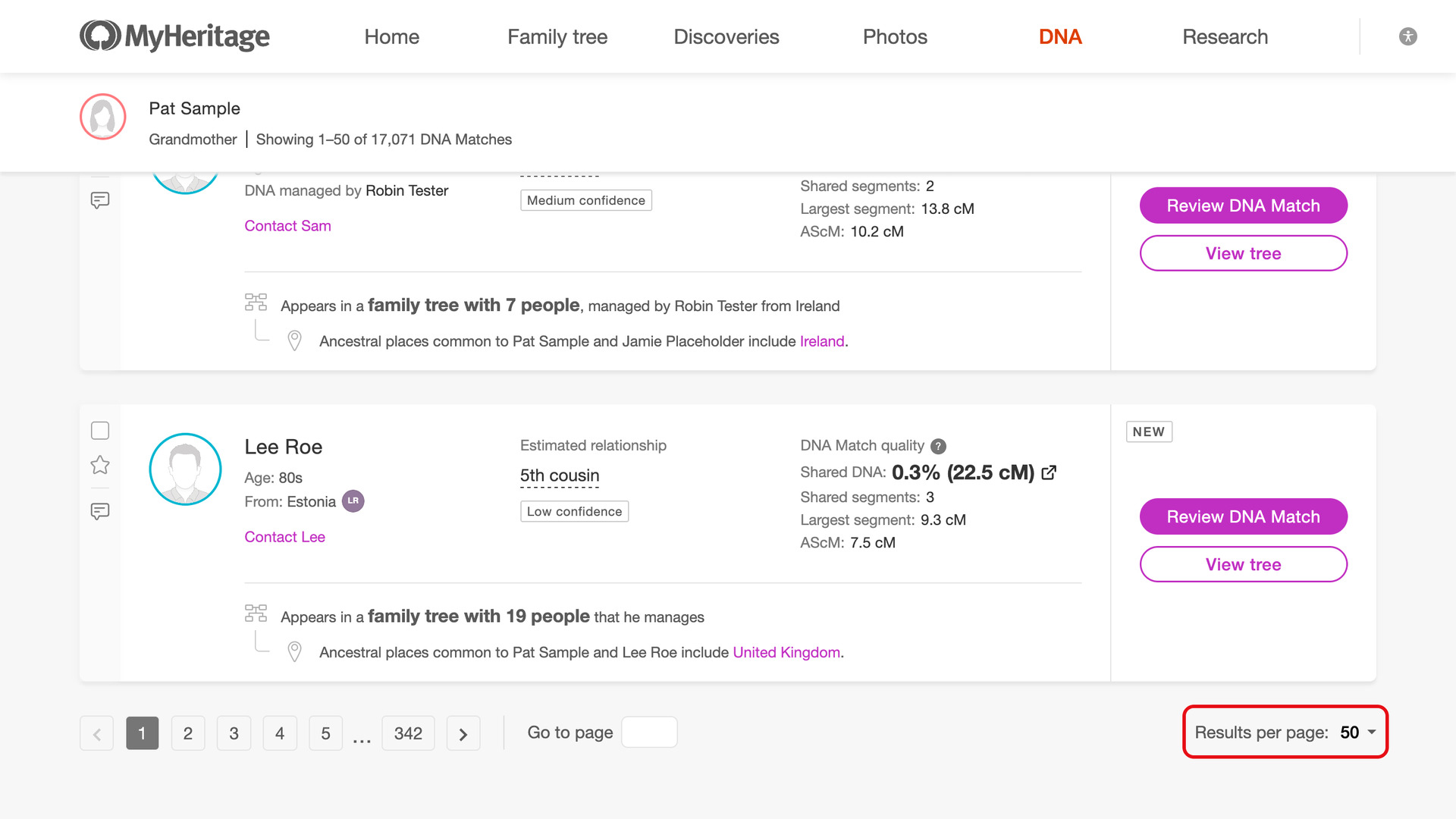 The bottom of a MyHeritage DNA matches list with the page numbers and the Results per page control set to 50, outlined in red.