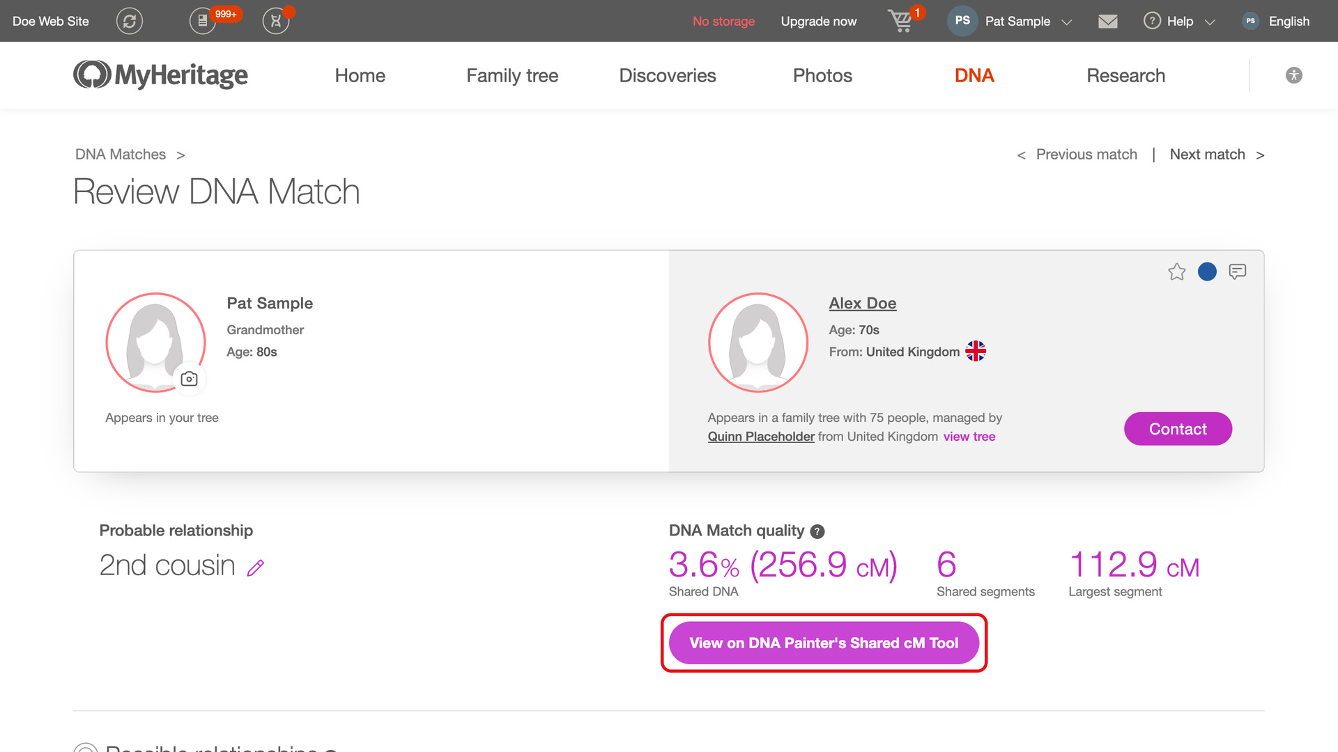 The top of a MyHeritage DNA match page with the View on DNA Painter's Shared cM Tool button under the shared DNA details outlined in red.