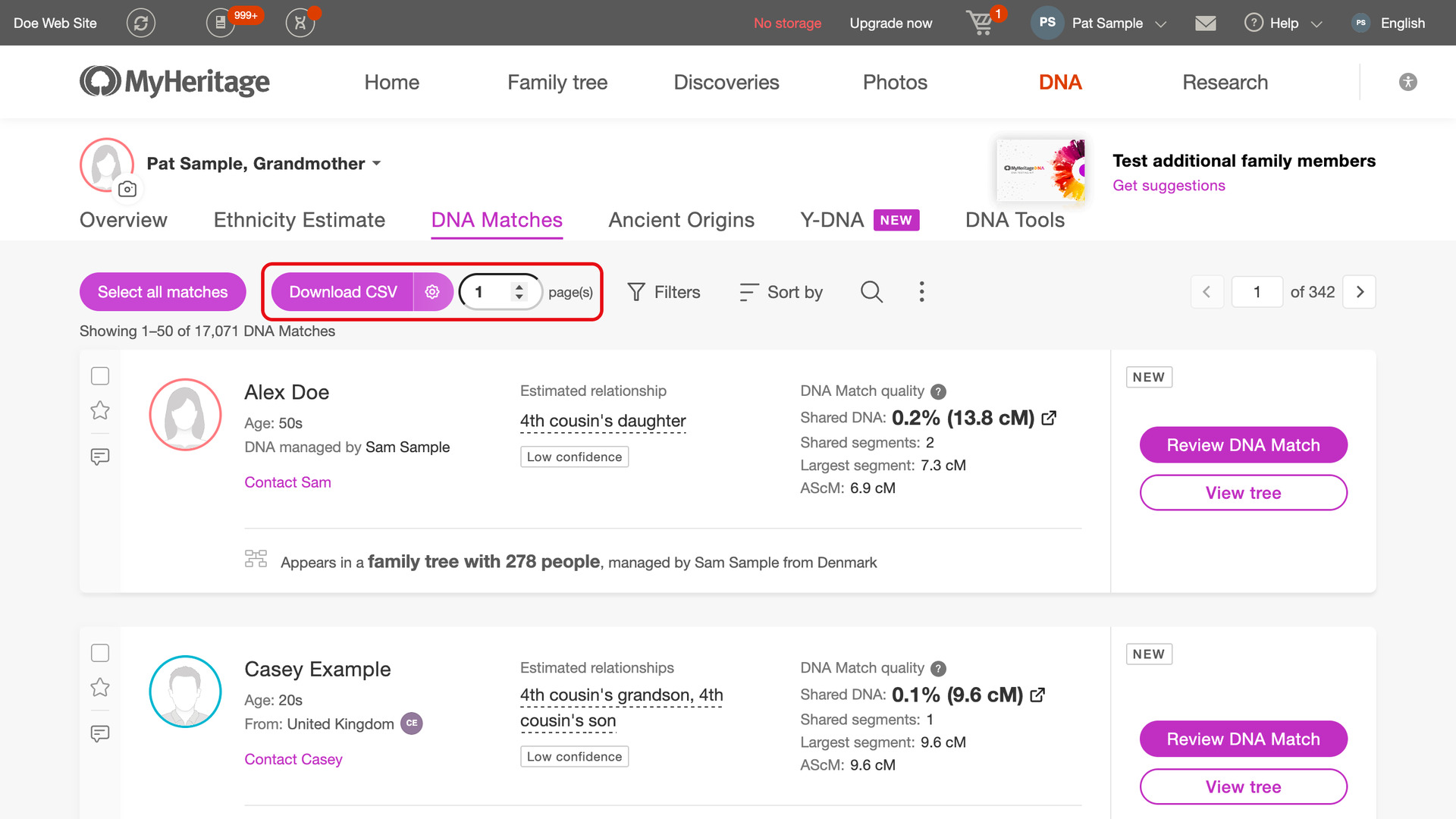 The top of the MyHeritage DNA matches list with the Download CSV button, the gear button beside it and the pages box outlined in red.