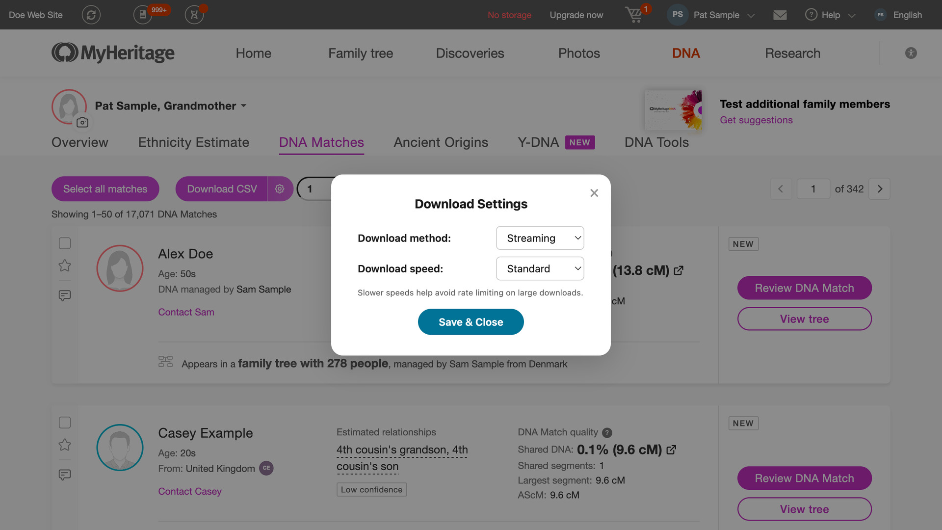 The Download Settings window over the MyHeritage matches list, with Download method set to Streaming, Download speed set to Standard and a Save & Close button.
