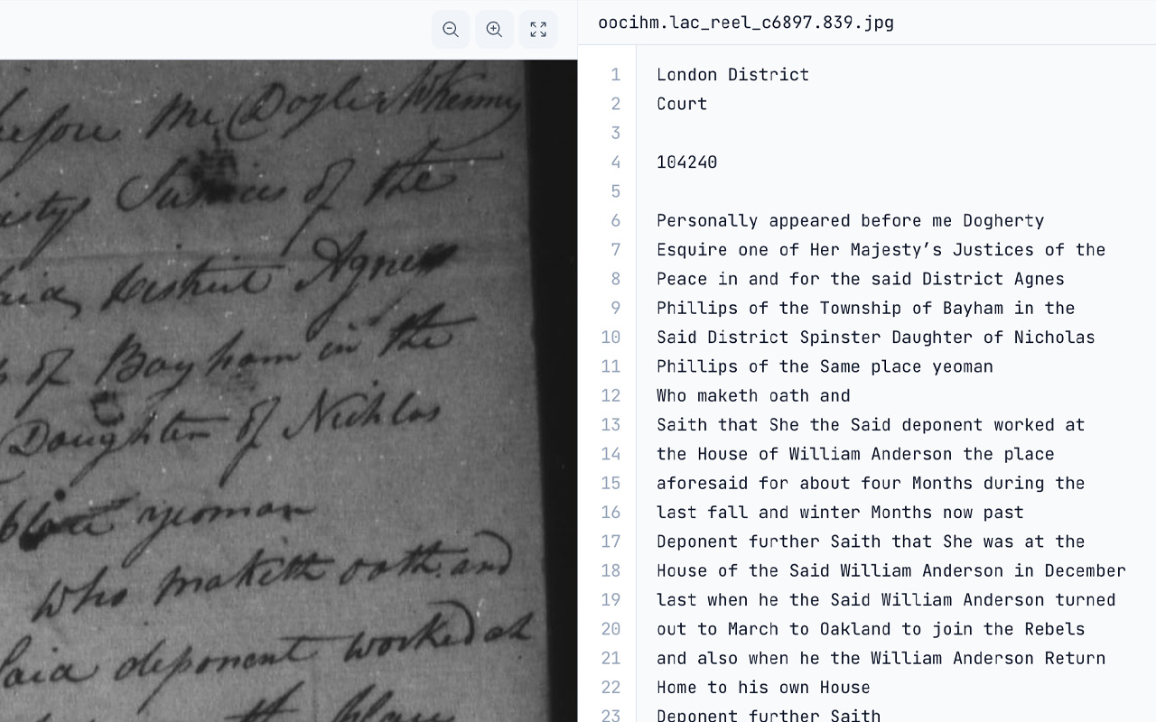 The OpenTranscribe editor with a handwritten London District Court deposition on the left and its transcription on the right