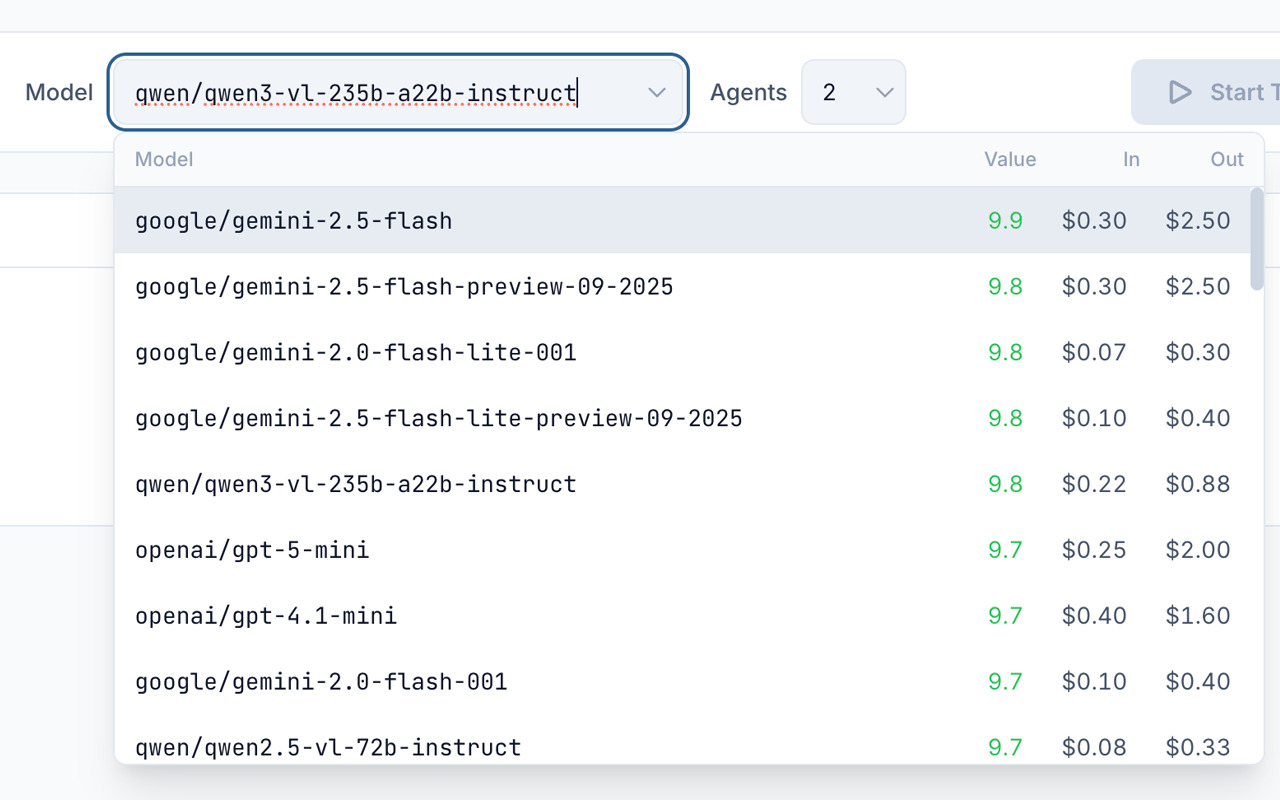 The model list open in OpenTranscribe, showing each model’s score and its input and output cost