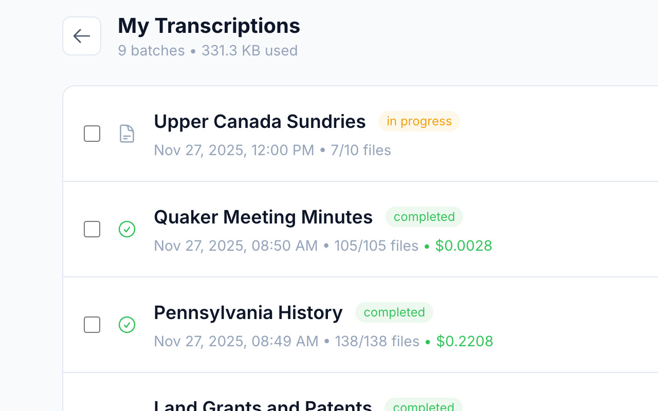 My Transcriptions listing batches such as Upper Canada Sundries and Quaker Meeting Minutes, with their file counts and costs