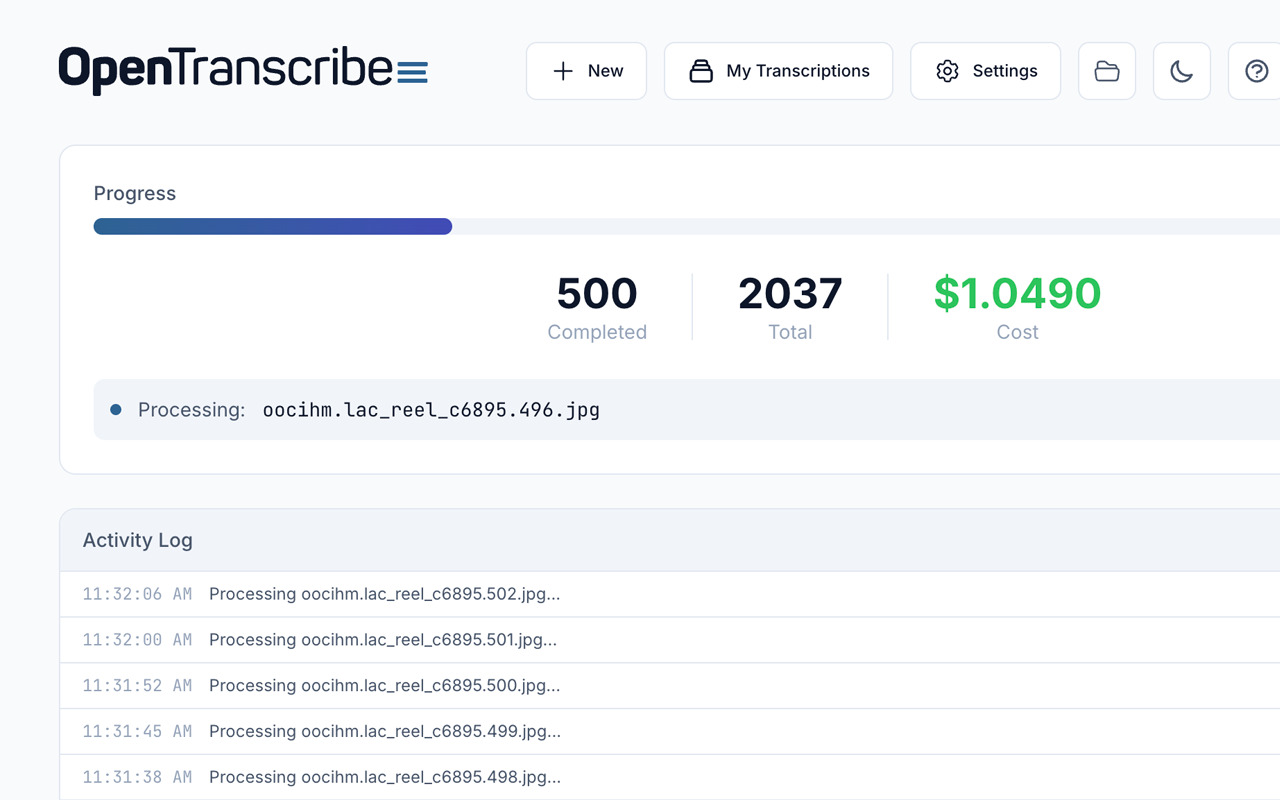A batch in progress: 500 of 2,037 images transcribed for $1.05, with the activity log below