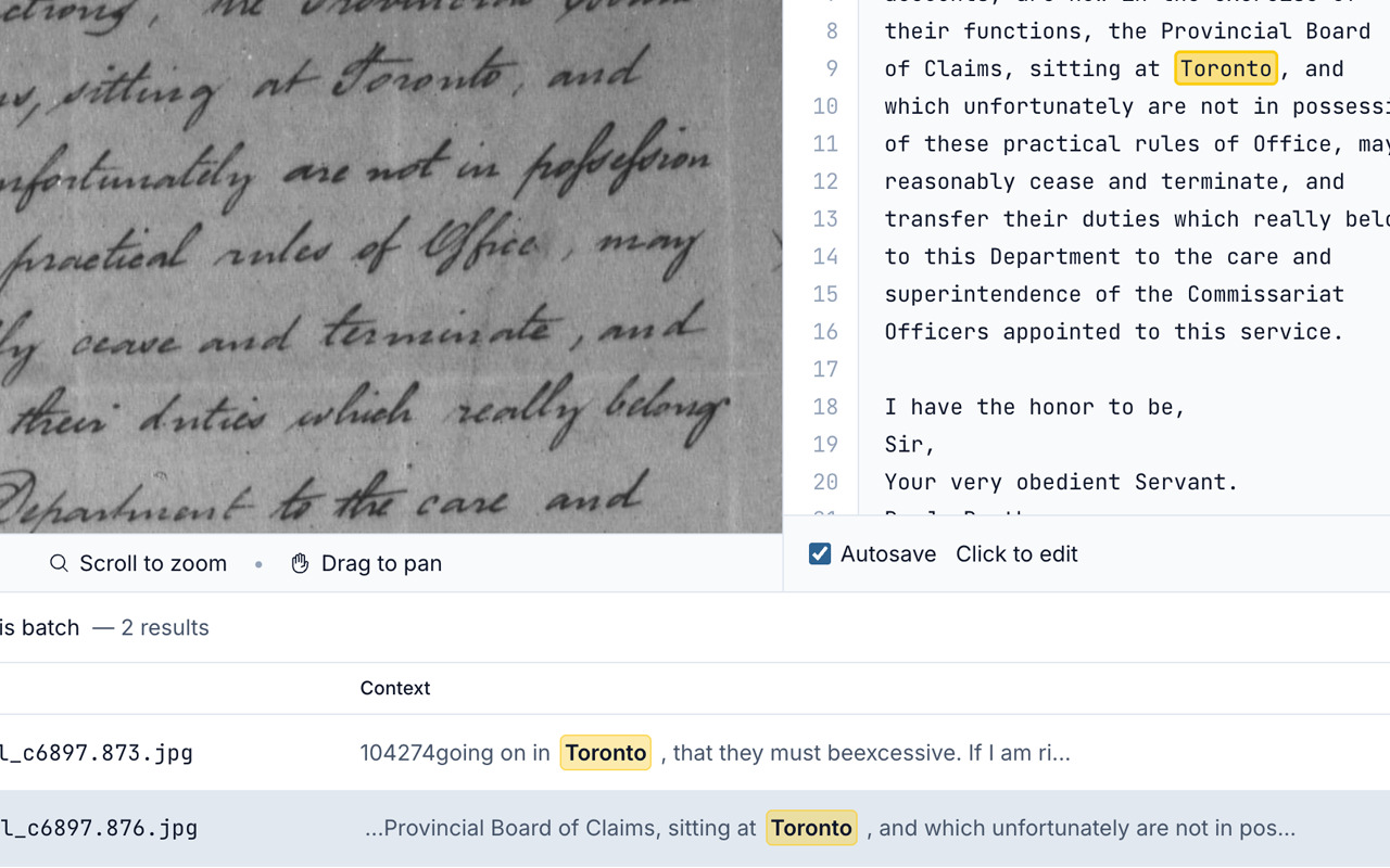 A keyword search for Toronto highlighting each match in the transcriptions, with the page image beside it