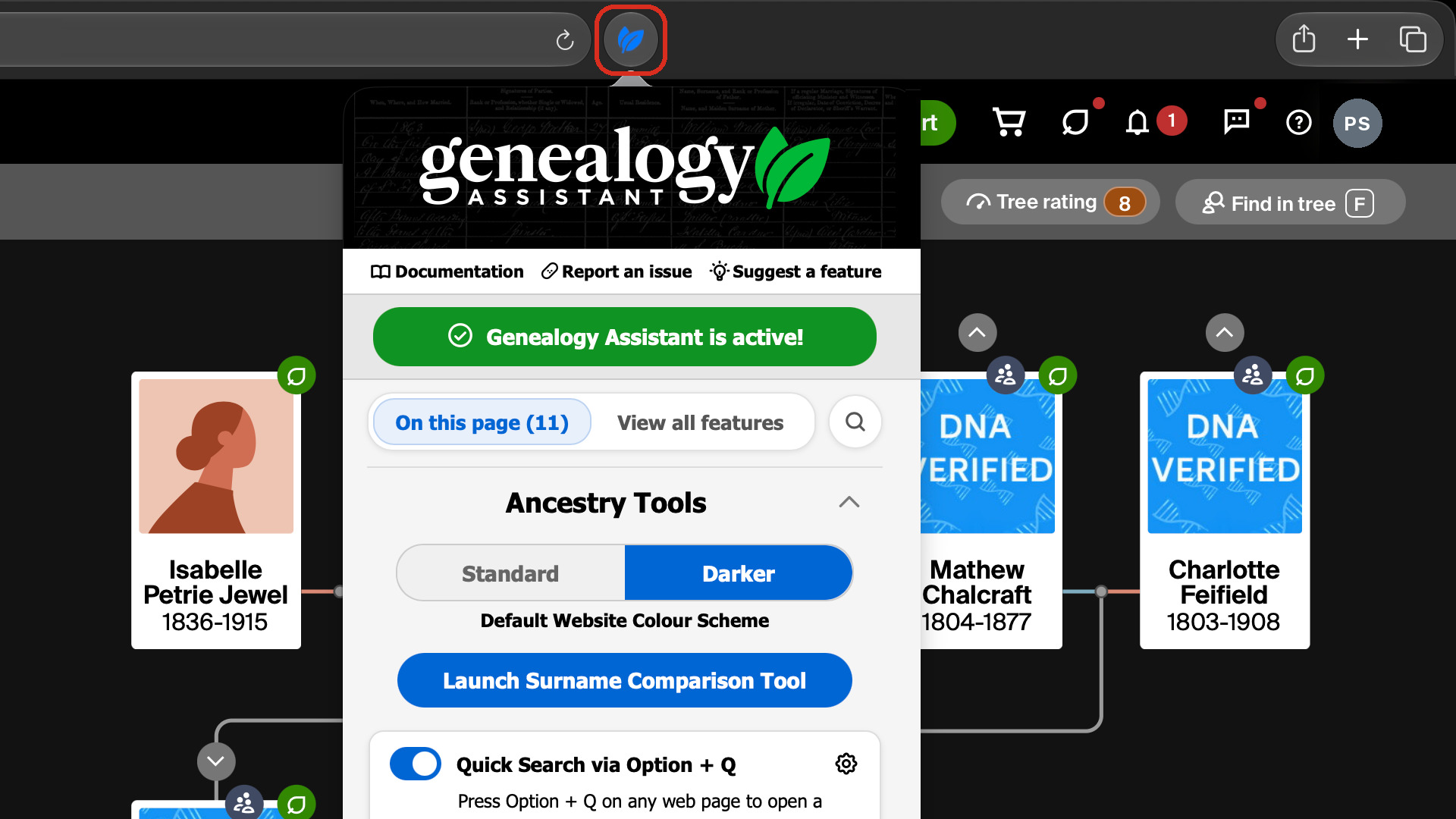 Safari on an Ancestry family tree with the Genealogy Assistant pop-up panel open, its toolbar button outlined in red.