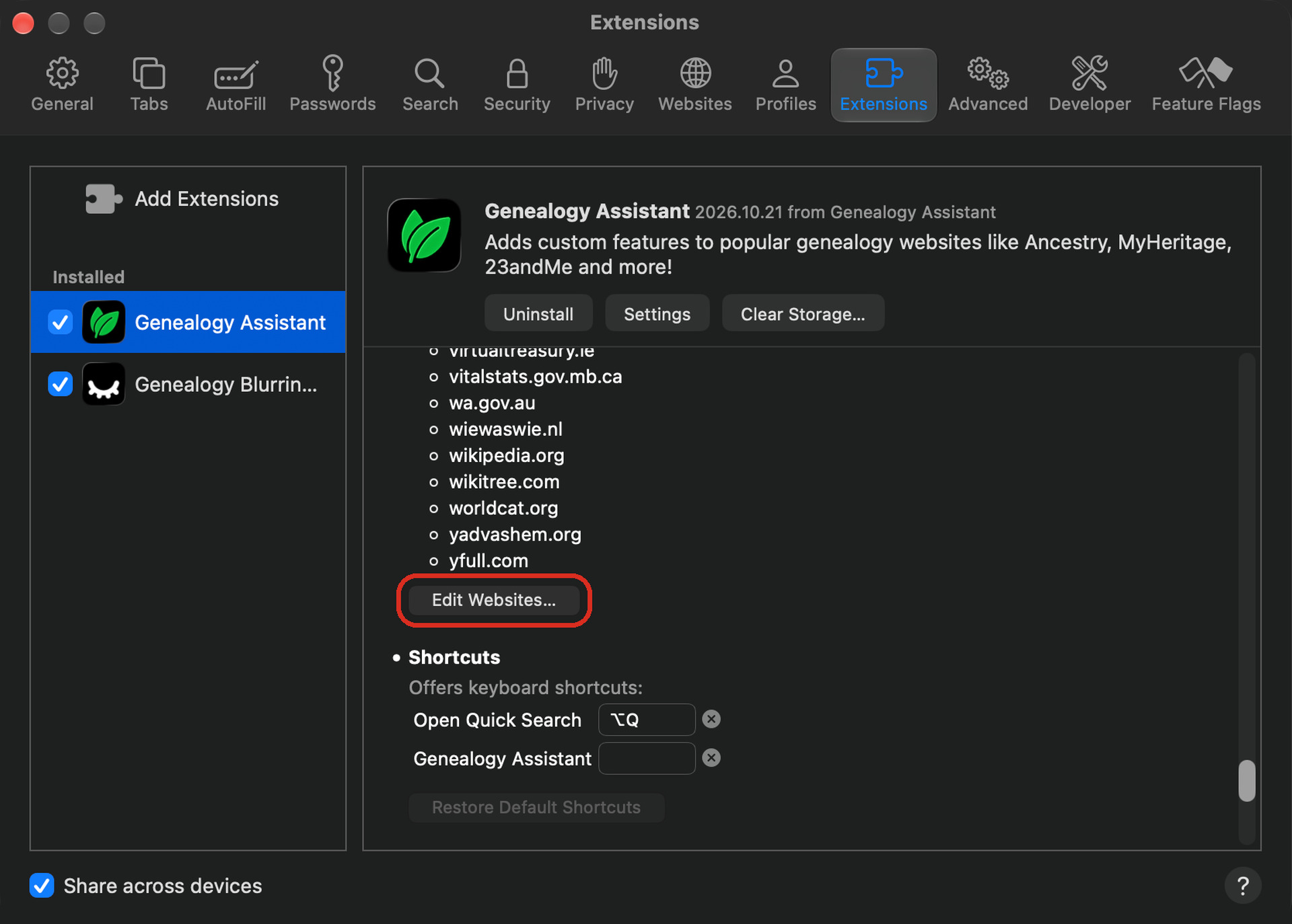 Safari's Extensions settings with Genealogy Assistant selected and its Edit Websites… button outlined in red.