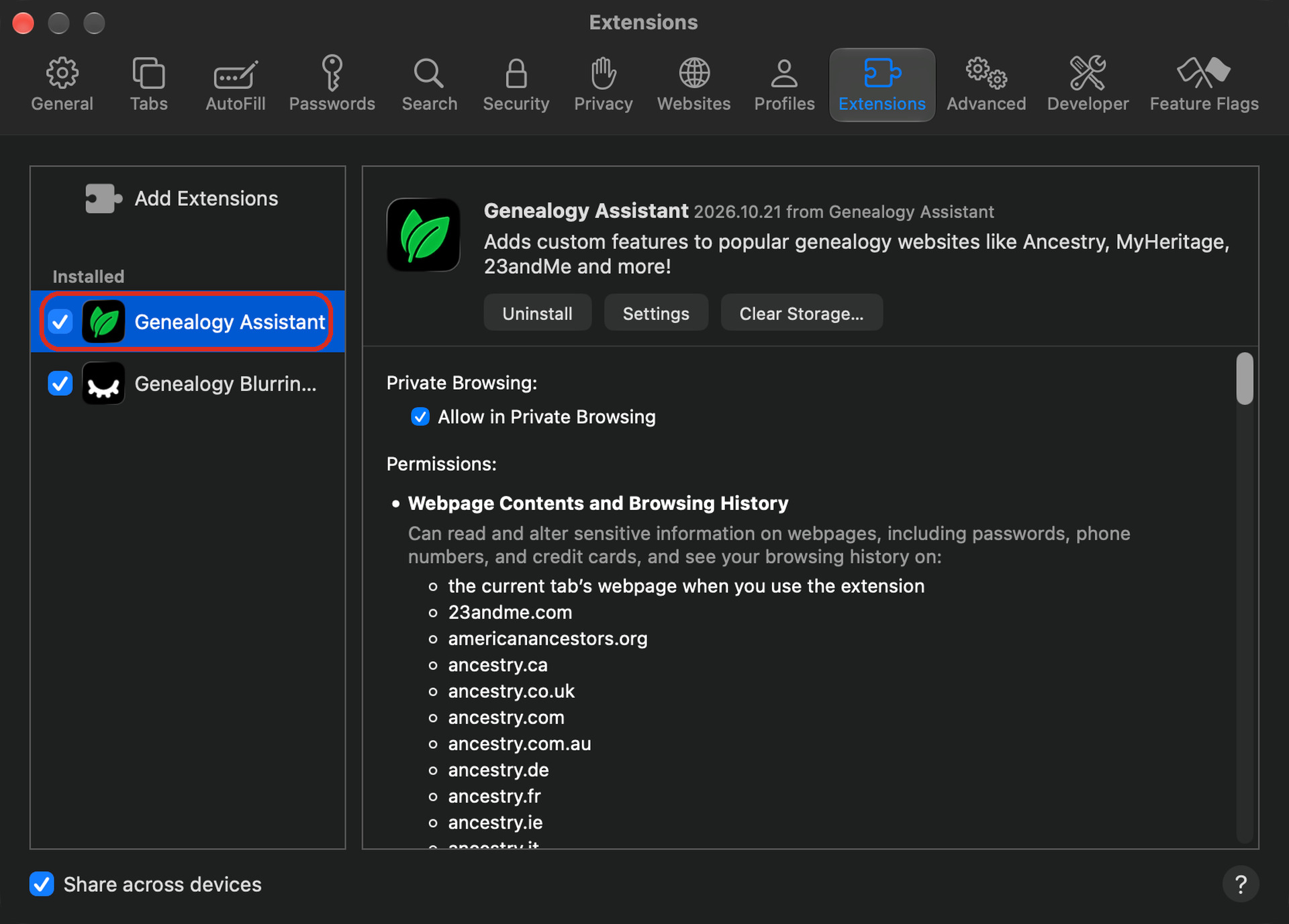 Safari Settings, Extensions tab, with Genealogy Assistant ticked and selected in the list, its checkbox and name outlined in red.