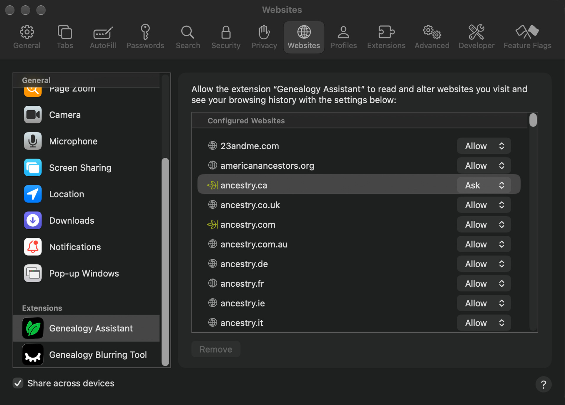 Safari's Websites settings for Genealogy Assistant, listing each genealogy site with an Allow, Ask or Deny menu, ancestry.ca set to Ask.