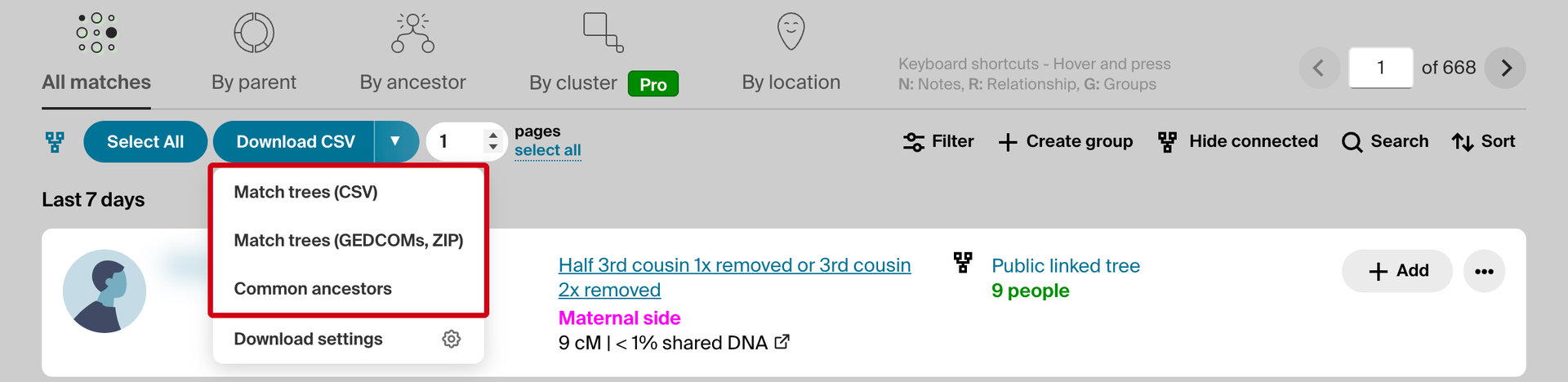 The Download CSV menu on the match list, with Match trees (CSV), Match trees (GEDCOMs, ZIP) and Common ancestors outlined in red above Download settings.