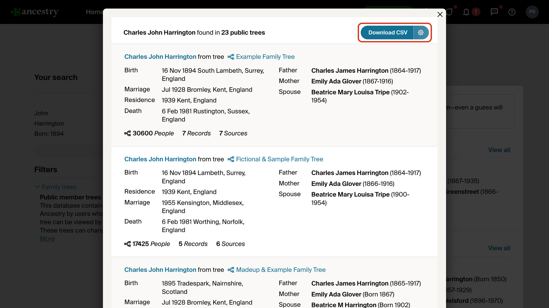The window listing the 23 public member trees Charles John Harrington appears in, open over Ancestry's search results, with the Download CSV button and its settings icon at the top of the window outlined in red.