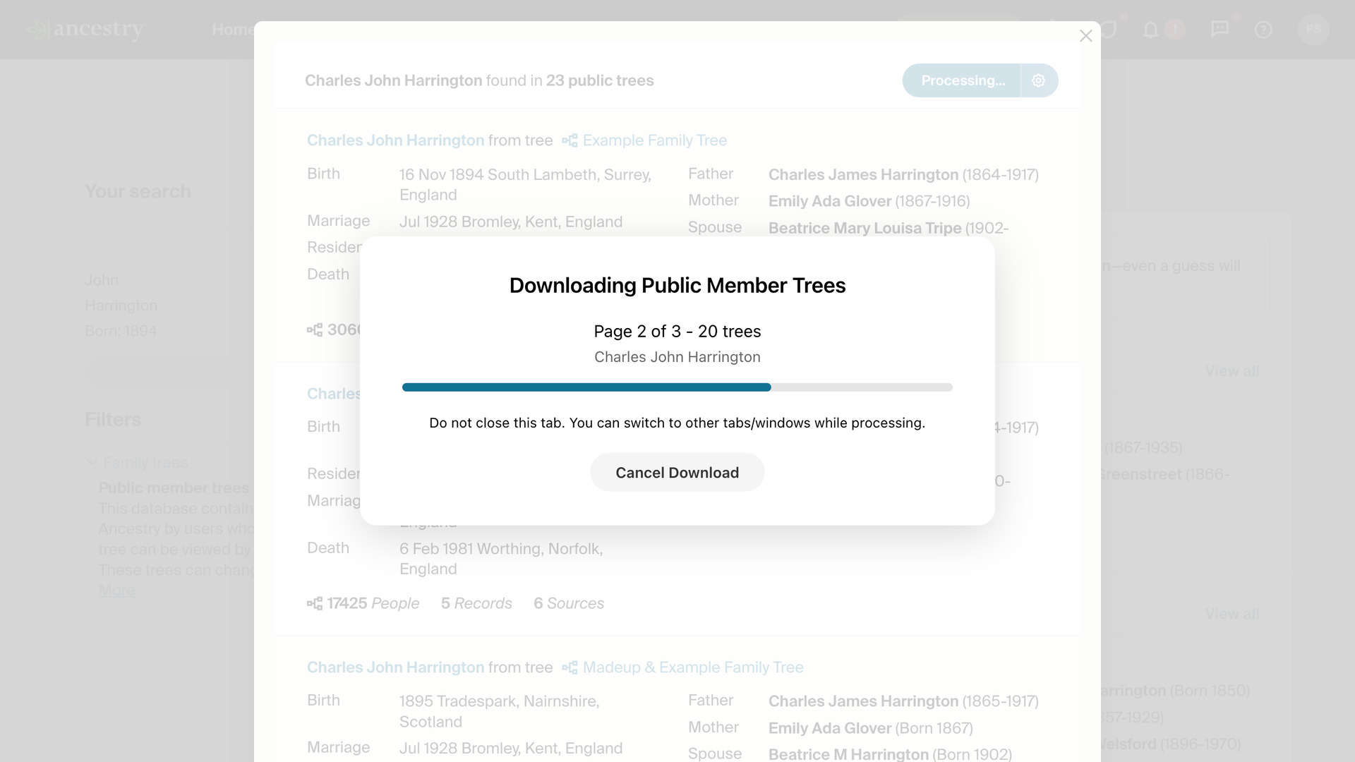 The Downloading Public Member Trees window, showing Page 2 of 3 with 20 trees found so far for Charles John Harrington, and a Cancel Download button.