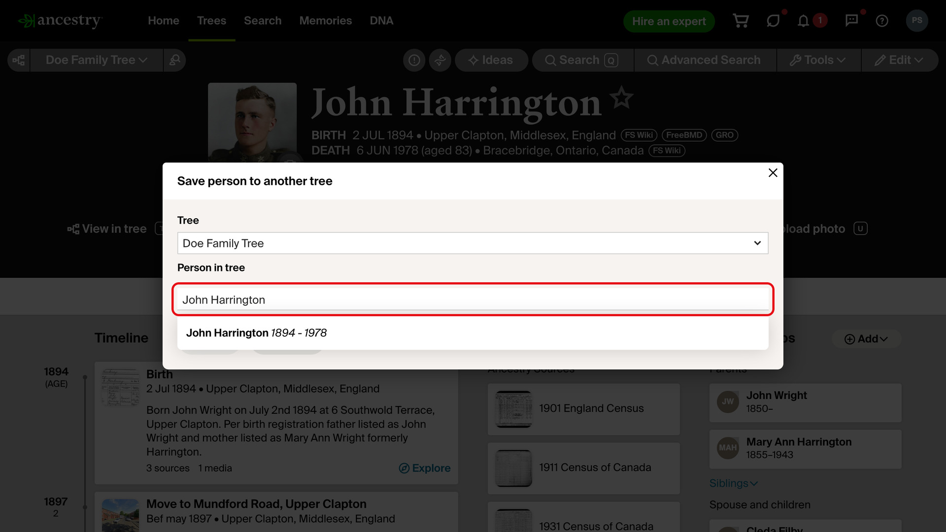 Ancestry's Save person to another tree window over John Harrington's profile, with his name already in the Person in tree box, outlined in red, and John Harrington 1894-1978 listed under it.