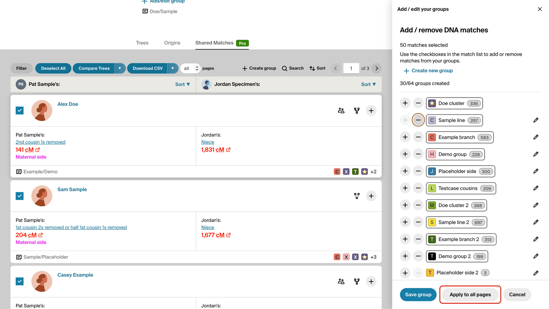 The shared match list with every match ticked and Ancestry's groups panel open at the right showing 50 matches selected, with the Apply to all pages button at the foot of the panel outlined in red.